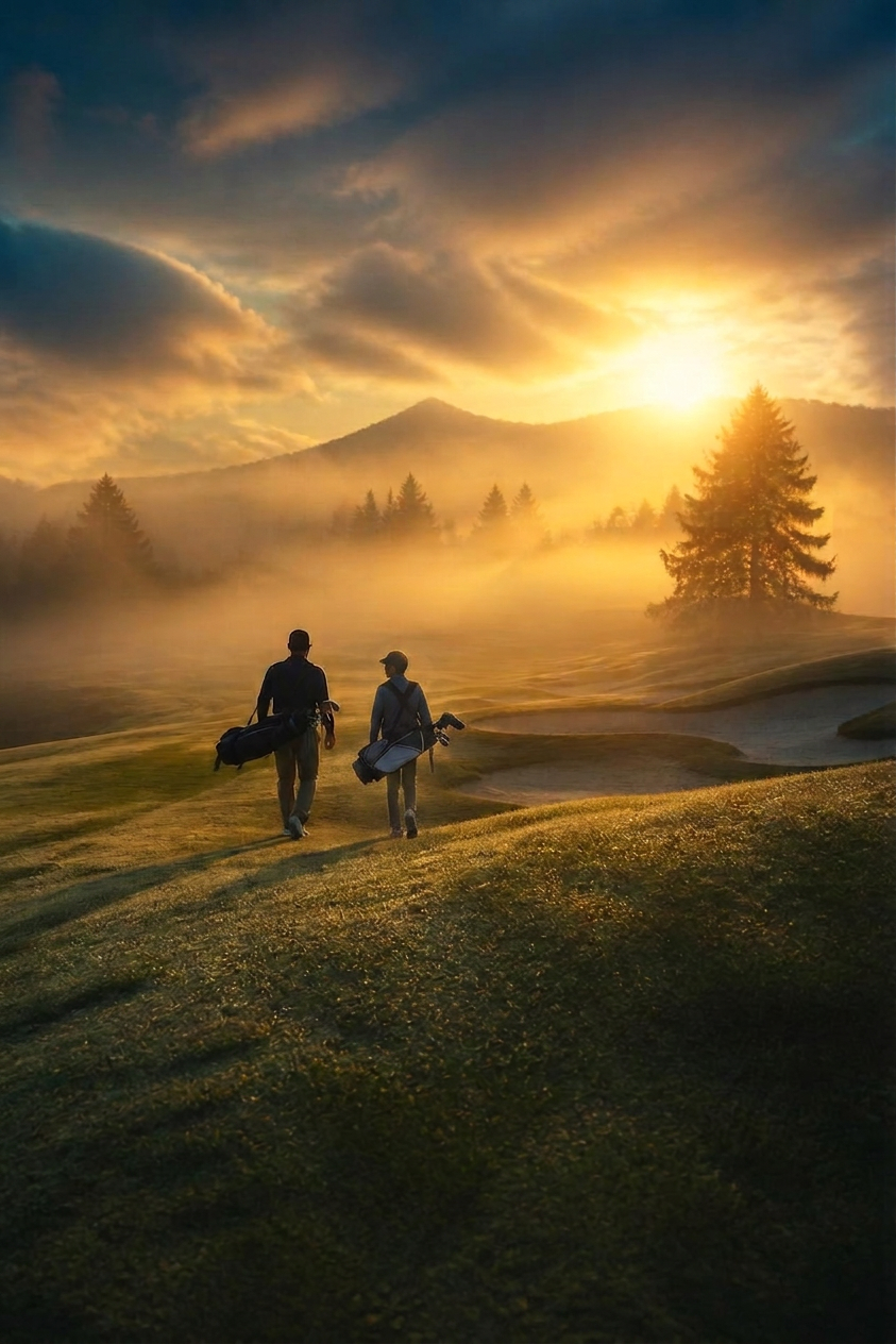 Golfer walking a misty fairway at sunrise